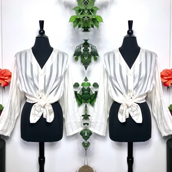 Vintage Tops - Vintage Ivory Cream Sheer Striped Blouse Size - L